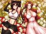  2girls aerith_gainsborough arm_up armpits bangs bare_shoulders belt black_gloves black_skirt blush bow bracelet braid braided_ponytail breasts brown_eyes brown_hair cleavage collarbone cropped_jacket dress drill_hair earrings elbow_gloves elbow_pads final_fantasy final_fantasy_vii final_fantasy_vii_remake fingerless_gloves flower gloves grass green_eyes hair_bow highres jacket jewelry large_breasts long_dress long_hair looking_at_viewer lying multiple_girls navel off_shoulder on_back open_mouth pink_bow pink_dress red_jacket shirt skirt stretch suspender_skirt suspenders tank_top taut_clothes taut_shirt thighhighs thighs tifa_lockhart twin_drills umasan white_tank_top 