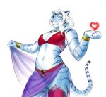  anthro belly_dancer felid female fur green_eyes hair lutherine mammal natasha_(lutherine) pantherine simple_background solo tiger white_body white_fur white_hair wide_hips 