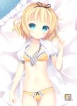  1girl artist_logo bangs bed_sheet black_ribbon blonde_hair blue_eyes bow bow_panties bra breasts commentary_request crotch_seam dress_shirt eyebrows_visible_through_hair from_above gochuumon_wa_usagi_desu_ka? grey_neckwear hair_ribbon kirima_sharo kurasawa_kyoushou light_blush looking_at_viewer lying navel necktie no_pants on_back on_bed open_clothes open_shirt panties parted_lips plaid_neckwear puffy_short_sleeves puffy_sleeves ribbon shirt short_hair short_sleeves small_breasts solo thigh_gap underwear undone_necktie white_shirt wing_collar yellow_bra yellow_panties 