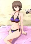  2girls bad_id bad_twitter_id bangs beach beach_towel bikini breasts brown_eyes brown_hair camera cleavage commentary crawling day eyebrows_visible_through_hair girls_und_panzer highres holding holding_camera itsumi_erika knee_up looking_at_viewer medium_breasts motion_lines multiple_girls navel nishizumi_maho omachi_(slabco) outdoors parted_lips purple_bikini shadow short_hair side-tie_bikini silver_hair sitting skindentation swimsuit taking_picture towel translated 