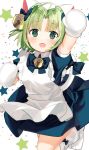  1girl :d absurdres ahoge animal_ears animal_hat apron arm_up bangs bell blue_bow blue_dress blush bow cat_ears cat_hat collared_dress commentary_request dejiko di_gi_charat dress eyebrows_visible_through_hair fake_animal_ears frilled_apron frills green_eyes green_hair hair_bell hair_bow hair_ornament hat highres idemitsu jingle_bell maid mittens open_mouth parted_bangs paw_shoes puffy_short_sleeves puffy_sleeves shoes short_sleeves smile socks solo standing standing_on_one_leg starry_background white_apron white_background white_footwear white_headwear white_legwear white_mittens 