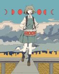  1girl bird blouse bob_cut cloud crane_(animal) dress drum highres instrument moon moon_phases mura1110 music original pinafore_dress playing_instrument short_hair 