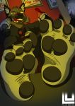  absurd_res aggressive_retsuko anthro beer_bottle blush brown_body brown_fur claws clothing drunk feet feet_first feet_in_face feet_on_table first_person_view foot_fetish foot_focus fur grey_feet haida hi_res hindpaw hyaenid japanese_text karaoke looking_through looking_through_window lu123 male mammal on_display pawpads paws punk retsuko sanrio shocked_expression solo substance_intoxication text toe_claws 