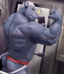  absurd_res anthro blue_body butt cellphone clothed clothing episode0006 facial_hair flexing furgonomics furry-specific_piercing grin hair hi_res holding_cellphone holding_object holding_phone horn horn_piercing jockstrap male mammal muscular muscular_anthro muscular_male phone piercing rhinocerotoid selfie smile solo topless underwear underwear_only white_hair yellow_eyes 