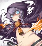  bad_id bad_pixiv_id bell blue_eyes braid crazy_eyes curse_maker hood jingai_modoki midriff no_panties purple_hair sekaiju_no_meikyuu solo twin_braids 