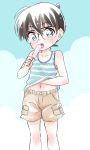  1boy binbinsuke blue_eyes brown_hair edogawa_conan food glasses looking_at_viewer male_focus meitantei_conan navel popsicle shirt_lift shorts solo striped sweatdrop tank_top 