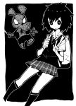  1boy 1girl backpack bag bug collared_shirt commentary cosplay dowman_sayman greyscale highres looking_at_viewer monochrome necktie no_nose peni_parker school_uniform shirt short_hair short_sleeves silk skirt smile spider spider-ham spider-man spider-man:_into_the_spider-verse spider-man_(cosplay) spider-man_(series) spider_web v 