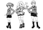  3girls alisa_(girls_und_panzer) blazer blouse boots collared_blouse commentary contrapposto cross-laced_footwear emblem freckles from_behind girls_und_panzer greyscale grin hair_intakes hair_ornament hand_on_hip head_tilt jacket kay_(girls_und_panzer) long_hair long_sleeves looking_at_viewer looking_back military military_uniform miniskirt mituki_(mitukiiro) monochrome multiple_girls naomi_(girls_und_panzer) necktie open_clothes open_jacket pleated_skirt saunders_military_uniform saunders_school_uniform school_uniform shoes short_hair short_shorts short_twintails shorts skirt sleeves_rolled_up smile sneakers star star_hair_ornament thighhighs twintails uniform very_short_hair waving zettai_ryouiki 