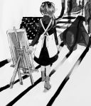  2girls 3107_(satona) akigumo_(kantai_collection) american_flag apron easel flag from_behind greyscale hair_ribbon highres holding holding_flag hornet_(kantai_collection) jacket kantai_collection long_hair long_sleeves monochrome multiple_girls necktie out_of_frame pallet pantyhose pencil_skirt ponytail ribbon sitting skirt standing sweater 