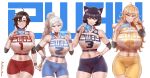  4girls absurdres aestheticc-meme ahoge animal_ears bare_shoulders bike_shorts black_hair blake_belladonna blonde_hair blue_eyes breasts cat_ears closed_mouth elbow_gloves english_text eyebrows_visible_through_hair gloves gradient_hair hand_on_own_face high_ponytail highres holding holding_phone huge_filesize large_breasts long_hair looking_at_viewer medium_breasts midriff multicolored_hair multiple_girls navel open_mouth phone phone_screen ponytail purple_eyes red_hair ruby_rose rwby short_hair shorts silver_eyes simple_background smile sports_bra sportswear sweatband teeth wavy_hair weiss_schnee white_hair yang_xiao_long yellow_eyes 