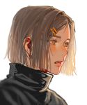  1girl bad_id bad_twitter_id blurry blush brown_eyes brown_hair depth_of_field eyebrows eyelashes from_side hair_ornament hairclip highres jujutsu_kaisen korean_commentary kugisaki_nobara lips o0_00000 parted_lips portrait profile short_hair solo 