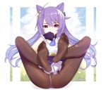  1girl cameltoe dress feet genshin_impact hair_ornament highres keqing long_hair looking_at_viewer panties panties_under_pantyhose pantyhose purple_eyes purple_hair rezodwel shiny shiny_clothes shiny_hair short_dress skirt soles solo toes twintails underwear 