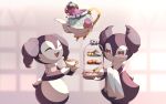  :o absurdres brown_eyes closed_eyes commentary_request cup food gen_8_pokemon hands_up highres holding holding_saucer indeedee indeedee_(female) indeedee_(male) kisa_(kisa-kisa5900) leaf open_mouth pokemon pokemon_(creature) polteageist sandwich saucer smile teacup tongue |d 