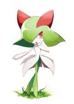  absurdres commentary full_body gen_3_pokemon grass hand_up highres kirlia kisa_(kisa-kisa5900) open_mouth outstretched_arm pokemon pokemon_(creature) red_eyes shiny signature smile solo standing tongue white_background 