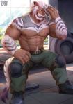  2020 abs absurd_res anthro beard belt bench biceps blue_eyes bodily_fluids body_hair boots bottomwear brown_body brown_fur claws clothed clothing exercise facial_hair fangs felid final_fantasy final_fantasy_xiv finger_claws footwear fur grey_stripes hair happy_trail hi_res hrothgar knee_pads looking_at_viewer male mammal multicolored_body multicolored_fur muscular muscular_anthro muscular_male mustache nipples on_bench one_eye_closed open_mouth pants pecs physen sharp_teeth sitting smile solo square_enix striped_body striped_fur stripes sweat sweaty_chest teeth tire tongue topless towel triceps video_games white_body white_fur white_hair wiping_forehead wiping_sweat workout 