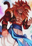  1boy abs bare_pecs biceps black_nails brown_fur dragon_ball dragon_ball_gt fusion_dance glowing glowing_eyes gogeta highres looking_down male_focus metamoran_vest monkey_boy monkey_tail muscle no_nipples pants red_hair relio_db318 solo spiked_hair super_saiyan super_saiyan_4 tail veiny_hands white_pants 
