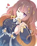  1girl :q anya_melfissa anya_melfissa_(1st_costume) breasts brown_hair commentary detached_sleeves dutch_angle h2505i321z hair_ornament heart highres hololive hololive_indonesia large_breasts looking_at_viewer one_eye_closed purple_eyes sideboob simple_background solo tongue tongue_out virtual_youtuber 