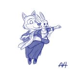  1:1 aleks_howes anthro beastars black_clothing black_eyes blue_and_white canid canine canis clothed clothing duo facial_tuft female fully_clothed fur haru_(beastars) hi_res holding_waist lagomorph legoshi_(beastars) leporid lifting_partner male male/female mammal monochrome rabbit scarf simple_background spread_arms white_background wolf 