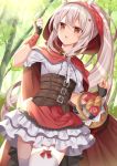  1girl alternate_costume apple ayanami_(azur_lane) azur_lane baguette bangs basket black_gloves bottle bread cloak commentary_request corset day dress eyebrows_visible_through_hair fingerless_gloves food forest frilled_dress frilled_skirt frills fruit garter_straps gloves hair_between_eyes highres little_red_riding_hood long_hair long_ponytail nature open_mouth outdoors platinum_blonde_hair ponytail red_cloak red_eyes red_hood short_sleeves sidelocks skirt solo standing sugisaki_yuu sunlight thighhighs tree very_long_hair white_dress white_legwear white_skirt wine_bottle 