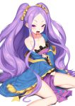  1girl bangs bare_shoulders blush breasts chinese_clothes collarbone fate/grand_order fate_(series) forehead hair_ornament hair_scrunchie hakai_shin hanfu highres long_hair long_sleeves looking_at_viewer open_mouth parted_bangs purple_eyes purple_hair scrunchie shawl simple_background sitting small_breasts smile thighs very_long_hair wariza white_background wide_sleeves wu_zetian_(fate/grand_order) yellow_scrunchie 