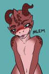  anthro blue_eyes blush digital_media_(artwork) embarrassed female hi_res horn kobold nude scales simple_background slaiart smile snogo solo tongue tongue_out 