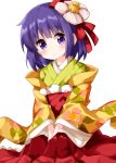  1girl bangs closed_mouth cowboy_shot eyebrows_visible_through_hair floral_print flower flower_on_head hair_ornament hands_together head_tilt hieda_no_akyuu highres japanese_clothes kimono long_sleeves looking_at_viewer pink_flower purple_eyes purple_hair ruu_(tksymkw) short_hair simple_background solo standing touhou v_arms white_background wide_sleeves 