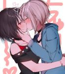  2girls aoba_moca arms_around_waist bang_dream! black_hair blush closed_eyes grey_hair hand_on_another&#039;s_face heart kiss mitake_ran mizukikushou multiple_girls red_eyes short_hair upper_body yuri 