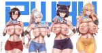 4girls absurdres aestheticc-meme ahoge animal_ears areolae ass_visible_through_thighs bangs bare_shoulders bike_shorts black_hair blake_belladonna blonde_hair blue_eyes breasts cat_ears closed_mouth compression_sleeve elbow_pads english_text eyebrows_visible_through_hair gloves gradient_hair hand_on_own_face high_ponytail highres holding holding_phone huge_filesize large_areolae large_breasts long_hair looking_at_viewer medium_breasts midriff multicolored_hair multiple_girls navel nipples open_mouth phone phone_screen ponytail purple_eyes red_hair ruby_rose rwby short_hair shorts silver_eyes simple_background smile sportswear sweatband tape tape_measure teeth thigh_gap wavy_hair weiss_schnee white_hair yang_xiao_long yellow_eyes 