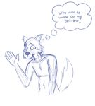  aleks_howes anthro beastars blue_and_white canid canine canis eye_scar facial_scar facial_tuft fur gesture hand_on_crotch legoshi_(beastars) male mammal missing_ear monochrome nude raised_tail scar simple_background solo speech_bubble tasteful_nudity text waving white_background wolf 