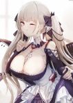  1girl azur_lane bangs between_breasts black_dress breasts brown_eyes cleavage closed_mouth commentary_request detached_collar dress earrings eyebrows_visible_through_hair flight_deck formidable_(azur_lane) frilled_dress frills grey_hair grey_nails hair_ribbon highres index_finger_raised jewelry large_breasts long_hair nail_polish neckwear_between_breasts nekoya_(liu) one_eye_closed pale_skin platinum_blonde_hair ribbon silver_hair skirt skirt_lift twintails two-tone_dress two-tone_ribbon very_long_hair white_background 