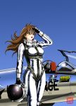  1girl aircraft airplane america brown_eyes brown_hair chuck_yeager cockpit ejection_seat f-104_starfighter flight_helmet geitassha genderswap genderswap_(mtf) gloves gradient gradient_background headwear_removed helmet helmet_removed highres jet lens_flare long_hair looking_to_the_side military open_mouth pilot pilot_suit real_life salute shiny signature the_right_stuff united_states_air_force 
