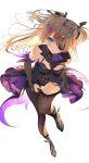  1girl asahina_hikage bangs bare_shoulders blonde_hair blush bodystocking bow breasts brown_sleeves eyepatch fischl_(genshin_impact) garter_straps genshin_impact gloves green_eyes hair_over_one_eye highres long_hair looking_at_viewer medium_breasts open_mouth purple_bow purple_neckwear simple_background single_glove single_leg_pantyhose single_thighhigh thighhighs two_side_up white_background 