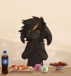  2018 ambiguous_gender anthro beverage black_body black_fur black_hair black_sclera digital_media_(artwork) domestic_cat felid feline felis fingers food fur hair hi_res mammal pepsi reysi smile soda_bottle solo sushi 