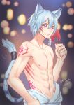  1boy animal_ear_fluff animal_ears blue_hair blurry blurry_background body_markings braid closed_mouth collarbone crash_fever dated eyebrows_visible_through_hair facial_mark fan fingernails hair_between_eyes hand_on_hip holding holding_fan jewelry light_blue_hair looking_at_viewer male_focus male_swimwear navel nipples purple_eyes shirtless signature slit_pupils solo swim_briefs swimsuit swimwear tail tail_ornament tail_ring tenjou_tsuki 