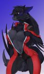 2020 anthro big_breasts black_body black_fur black_hair black_sclera bodysuit breasts buta99 capcom chest_tuft cleavage clothed clothing digital_media_(artwork) dragon female flying_wyvern full_cleavage fur hair hi_res monster_hunter nargacuga navel red_clothing rubber simple_background skinsuit solo tight_clothing tuft video_games wings yellow_eyes zipper_down 
