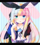  1girl akanbe bangs baram black_bow black_hair black_ribbon blonde_hair blue_eyes blunt_bangs bow commentary_request eyebrows_visible_through_hair green_eyes hair_ribbon letterboxed long_hair looking_at_viewer mononobe_alice multicolored_hair nijisanji pink_hair playing_card_theme puffy_short_sleeves puffy_sleeves ribbon short_sleeves sidelocks silver_hair solo striped striped_background tongue tongue_out upper_body vertical_stripes virtual_youtuber 