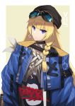  1girl absurdres black_choker black_headwear blonde_hair blue_jacket braid choker closed_mouth earrings eyebrows_visible_through_hair eyewear_on_head girls_frontline hat highres jacket jewelry jiafei2o3 long_hair looking_at_viewer purple_eyes rubik&#039;s_cube solo vhs_(girls_frontline) yellow_background 