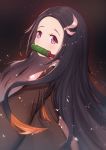  1girl bamboo bit_gag black_hair blush brown_hair commentary_request forehead from_side gag hair_ribbon highres japanese_clothes kamado_nezuko kimetsu_no_yaiba kimono long_hair looking_at_viewer looking_to_the_side mouth_hold multicolored_hair open_clothes pink_eyes pink_kimono pink_ribbon ribbon solo two-tone_hair uneg very_long_hair 