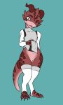  anthro blue_eyes claws clothed clothing digital_media_(artwork) female fingers flashing_pussy genitals hi_res horn kobold legwear looking_at_viewer partially_clothed plantigrade pussy scales scalie simple_background slaiart smile snogo solo thigh_highs toe_claws toes tongue tongue_out 