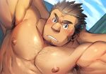  1boy armpit_hair armpits arms_behind_head bara blush body_hair brown_hair chest_hair close-up completely_nude cropped dark_skin dark_skinned_male facial_hair highres looking_at_viewer male_focus manly muscle nipples nude oniwaka_(tokyo_houkago_summoners) pectorals pesox scar_on_forehead short_hair sideburns solo spiked_hair stubble sweatdrop thick_eyebrows tokyo_houkago_summoners upper_body 