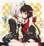  2girls animal_ears aoba_moca bang_dream! bell bell_collar between_legs black_hair blush cat_ears cat_tail checkered checkered_background closed_eyes collar grey_hair hand_between_legs mitake_ran mizukikushou mouse_ears mouse_tail multicolored_hair multiple_girls off_shoulder one_eye_closed red_eyes red_hair ribbon short_hair sitting smile streaked_hair tail tail_ornament tail_ribbon v_arms yuri 
