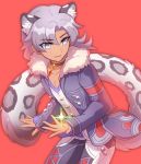  1boy alvis_(xenoblade) animal_ears cat_boy cat_ears coat cowboy_shot enni eyebrows_visible_through_hair fur_trim jewelry leopard_boy leopard_ears leopard_tail long_hair male_focus necklace pendant purple_coat red_background silver_eyes silver_hair simple_background smile snow_leopard_boy snow_leopard_ears snow_leopard_tail solo tail xenoblade_chronicles xenoblade_chronicles_(series) 