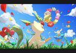  absurdres brown_eyes cloud comfey commentary_request day floette from_below gen_4_pokemon gen_6_pokemon gen_7_pokemon grass highres holding kisa_(kisa-kisa5900) leafeon no_humans open_mouth outdoors paws petals pokemon pokemon_(creature) sky 