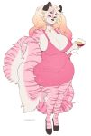 2019 5_fingers anthro beverage big_breasts blue_eyes breasts cherrikissu cleavage clothed clothing curvy_figure dress felid female fingers footwear fur hair half-closed_eyes hi_res high_heels huge_breasts long_hair looking_at_viewer mammal marzipan_(spottedtigress) multicolored_body multicolored_fur narrowed_eyes pantherine pink_body pink_fur shoes signature simple_background solo standing striped_body striped_fur stripes thick_thighs tiger tight_clothing voluptuous white_background white_body white_fur wide_hips 