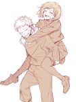  1boy 1girl absurdres bad_id bad_twitter_id carrying closed_eyes commentary happy highres itadori_yuuji jujutsu_kaisen kugisaki_nobara light_blush maplum monochrome open_mouth piggyback school_uniform short_hair smile 
