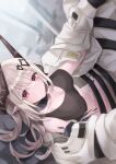  1girl arknights black_collar black_shirt breasts cleavage collar crop_top demon_horns dutch_angle ear_piercing elite_ii_(arknights) from_above grey_hair highres horns infection_monitor_(arknights) jacket large_breasts long_hair looking_at_viewer mudrock_(arknights) open_clothes open_jacket oripathy_lesion_(arknights) piercing pointy_ears red_eyes saiko_(saisaka) shirt solo white_jacket 