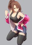  1girl \m/ absurdres bangs bare_shoulders black_legwear black_tank_top breasts brown_hair cleavage commentary_request earrings from_above hand_up highres jacket jewelry kneeling long_hair long_sleeves looking_at_viewer medium_breasts midriff navel noraico off_shoulder open_clothes open_jacket original pink_jacket ponytail red_eyes shorts simple_background smile solo tank_top thighhighs 