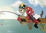  animal_crossing anthro beaver blonde_hair book buckteeth c.j._(animal_crossing) celestial chameleon choker duo eyewear fishing fishing_rod flick_(animal_crossing) goth hair hi_res jewelry lake lizard male male/male mammal necklace nintendo reptile rodent scalie sunglasses teeth video_games 