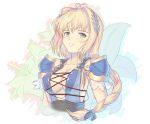  1girl armor bangs blonde_hair blue_eyes blue_ribbon braid breasts cat_with_a_brush cleavage commentary_request cropped_torso elbow_pads flower hair_intakes hair_ornament large_breasts long_hair looking_at_viewer medium_breasts open_mouth ribbon shoulder_armor shoulder_pads simple_background single_braid solo sophitia_alexandra soulcalibur tied_hair upper_body 