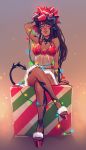  1girl arm_up au_ra bangs black_hair black_horns blush box breasts brown_eyes christmas_lights crossed_legs dark_skin dark_skinned_female dragon_horns dragon_tail final_fantasy final_fantasy_xiv gift gift_box gradient gradient_background highres horns lingerie lips long_hair medium_breasts momo-deary navel negligee scales see-through sitting smile solo swept_bangs tail underwear 